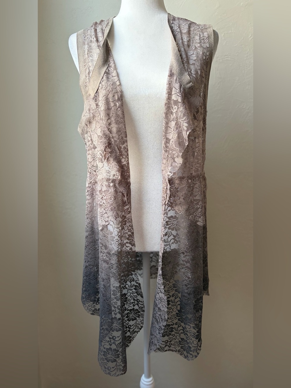 Voice of California Taupe Ombre Lace Open Front Duster Vest XL Boho